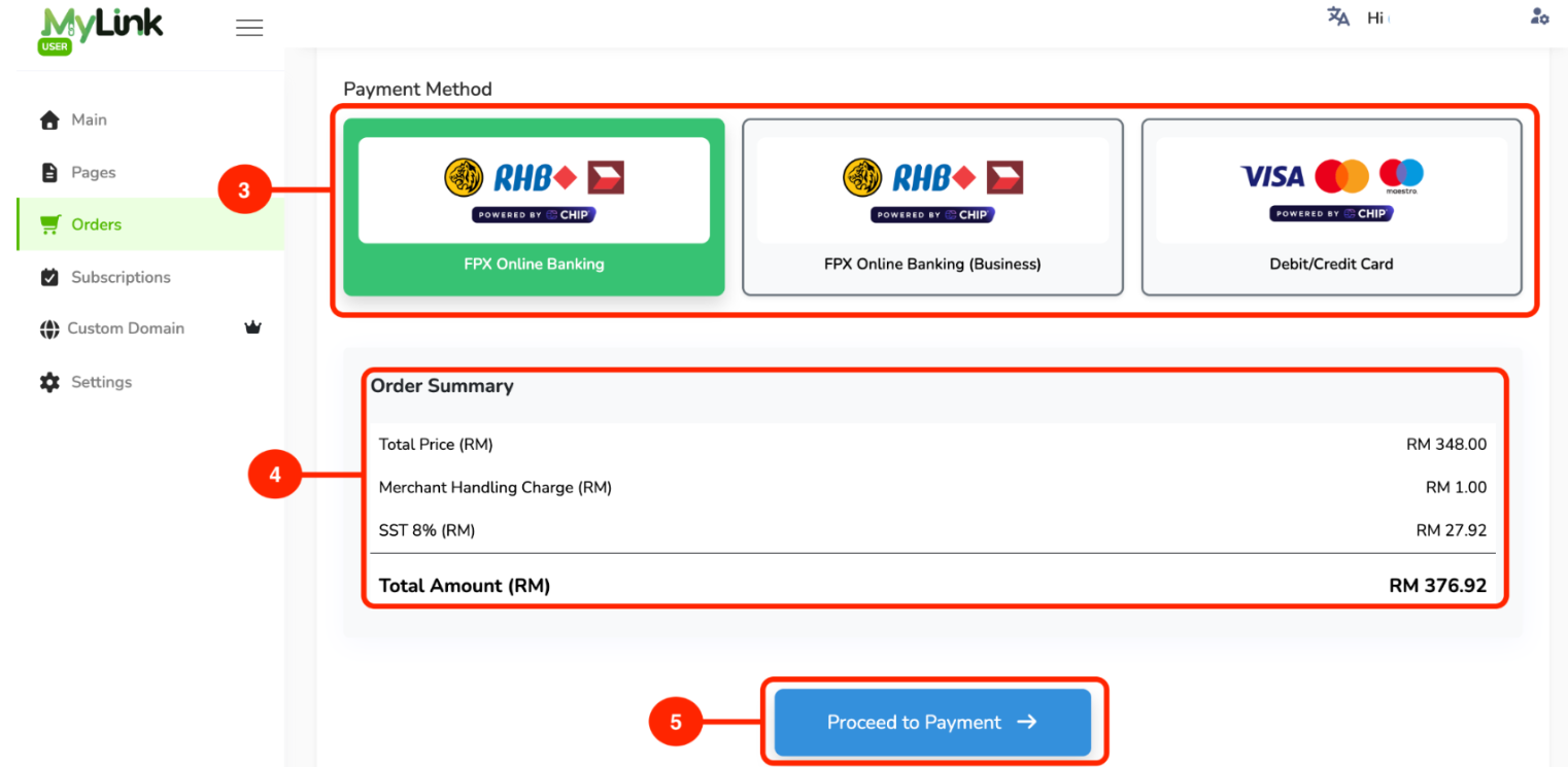 Payment method and order summary