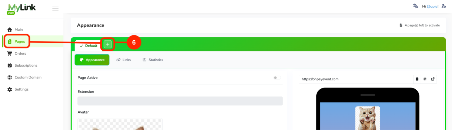 Plus icon to create new page