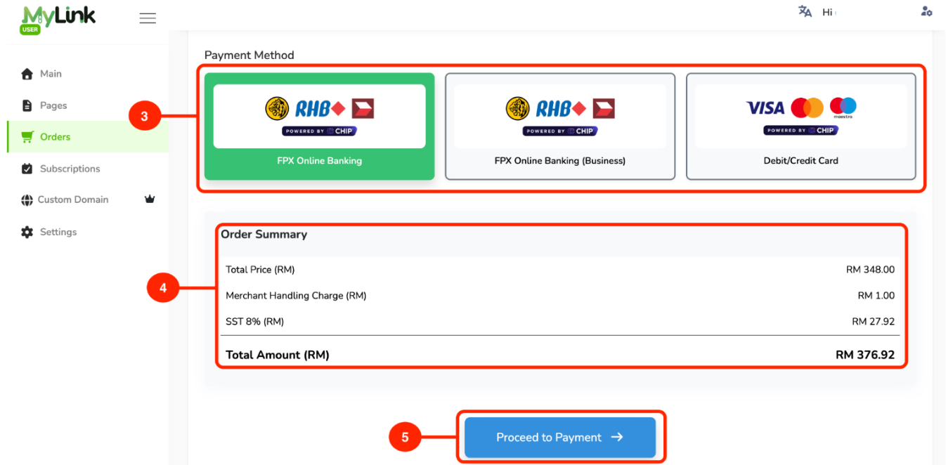 Payment method and order summary
