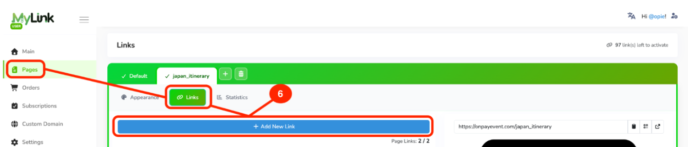 Pages Links tab