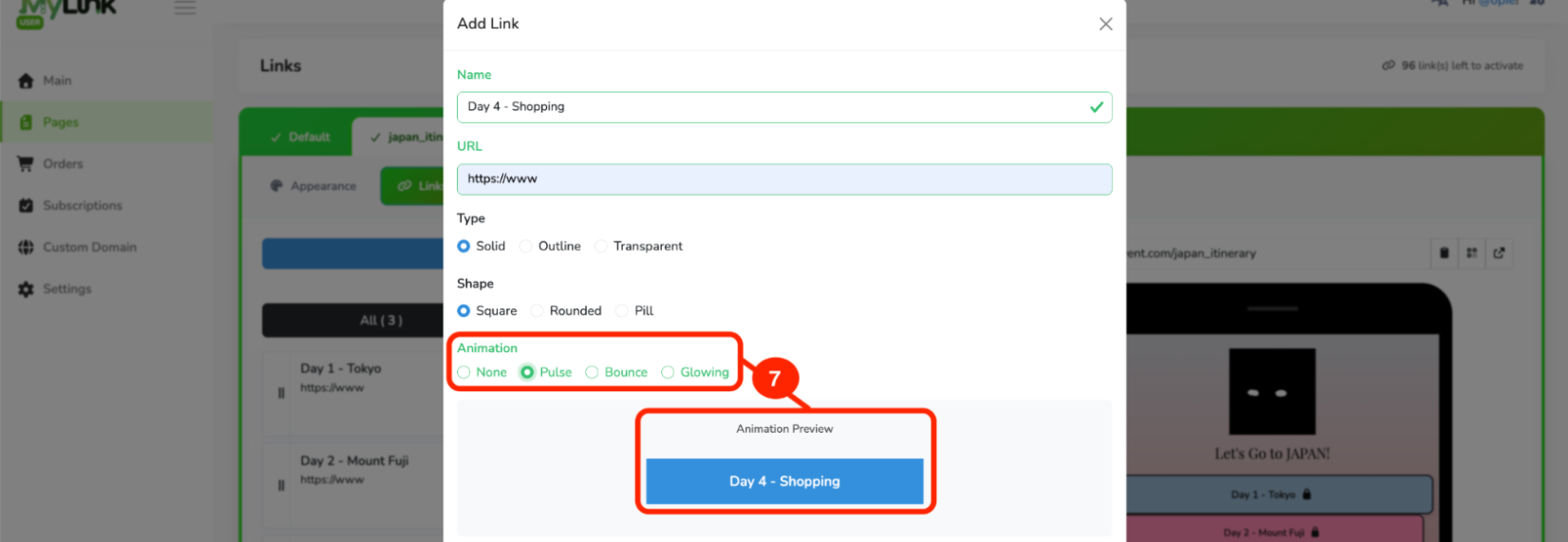 Animation options with preview