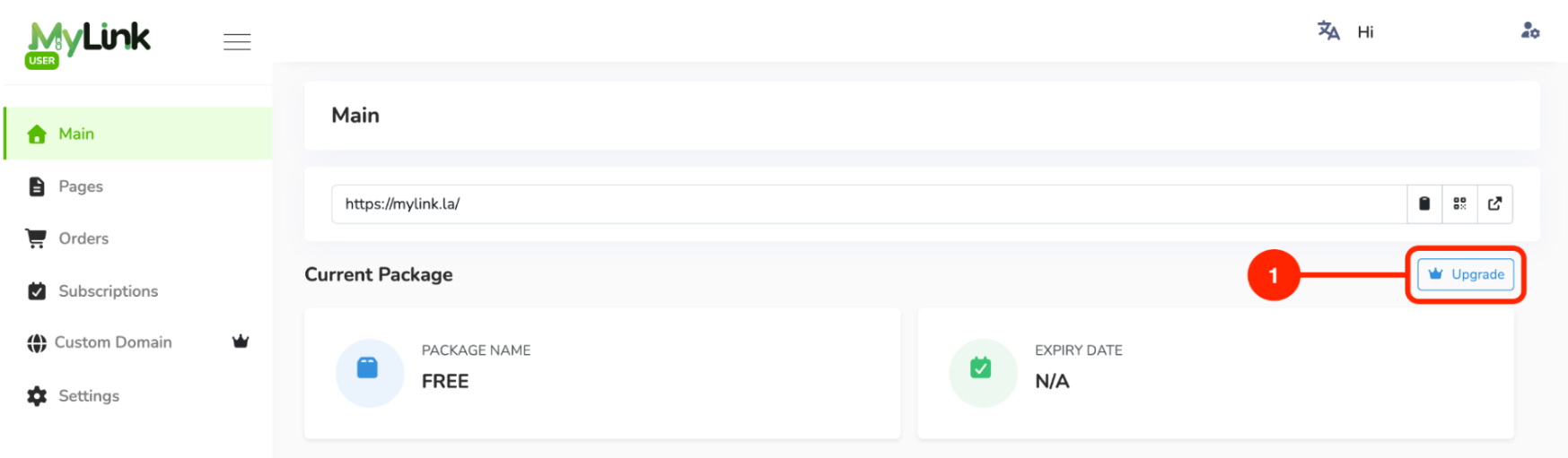 Upgrade button on Main page