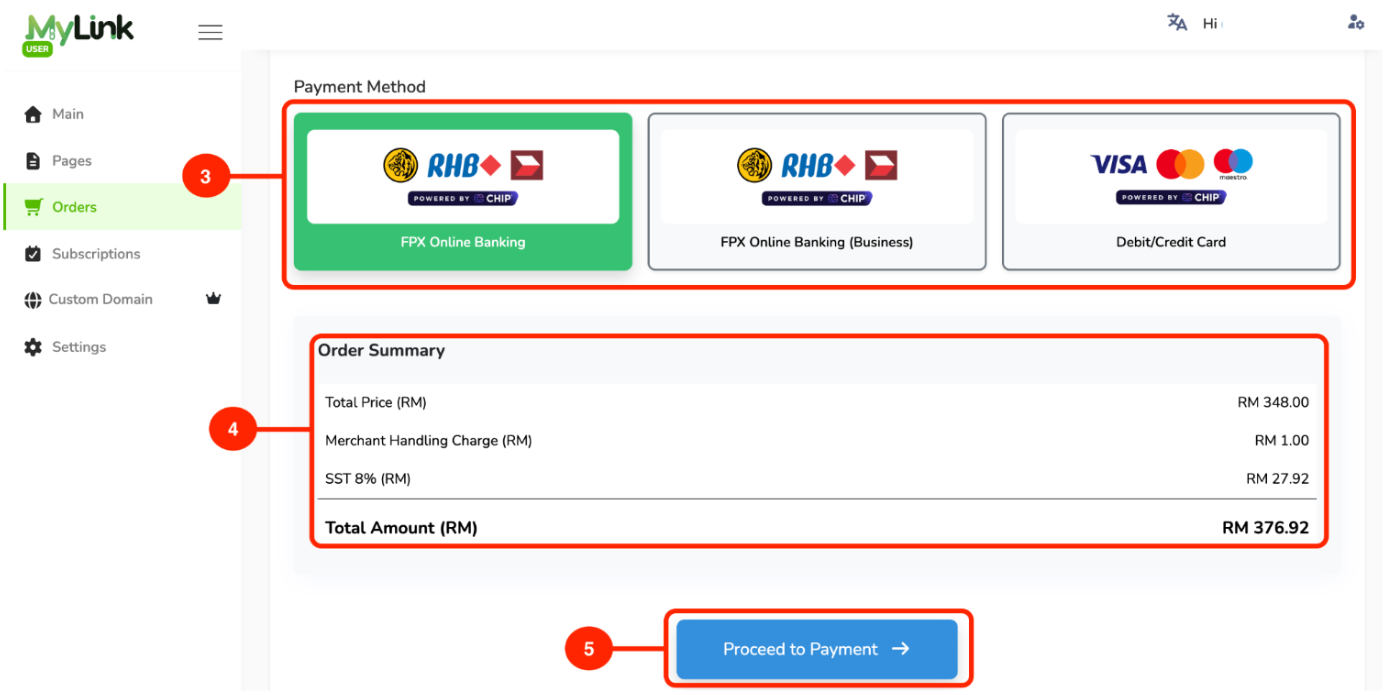 Payment method and order summary