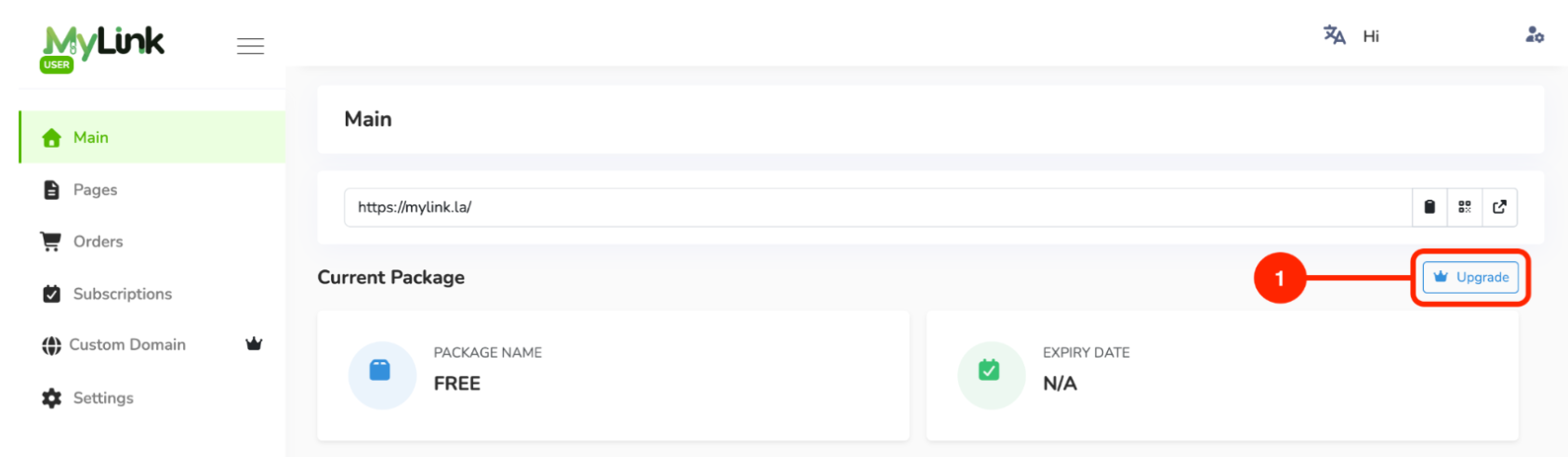 Upgrade button on Main page