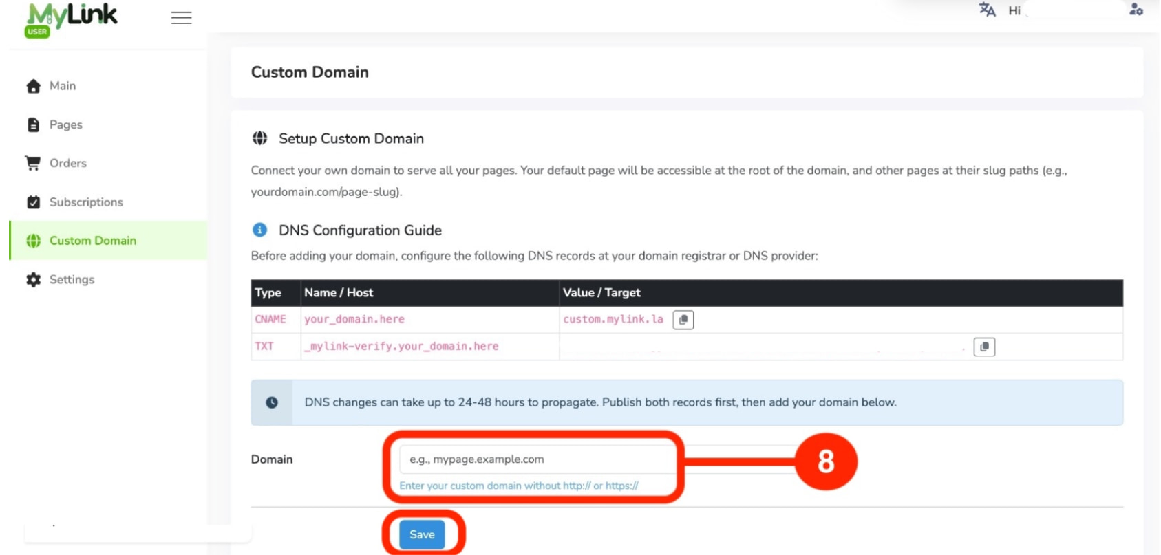 Enter custom domain and Save