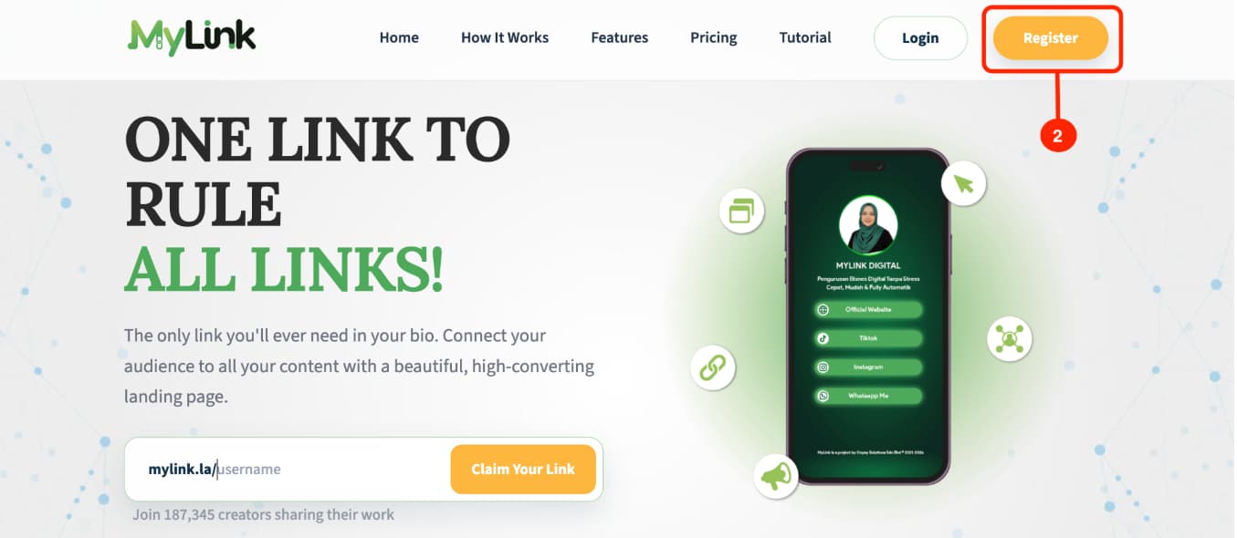 Click Register button on MyLink homepage