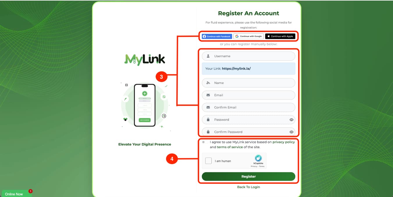 Register an account form on MyLink