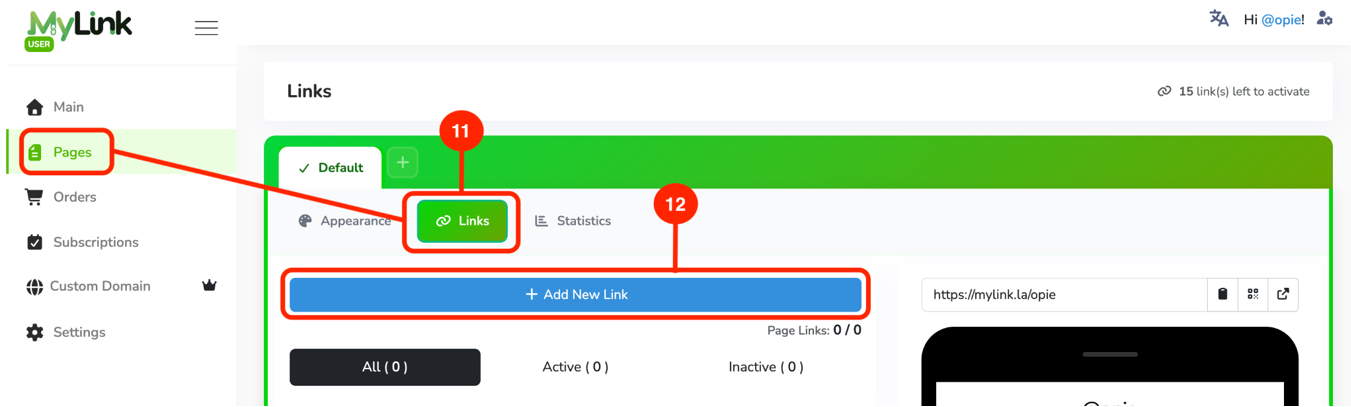 Add New Link button