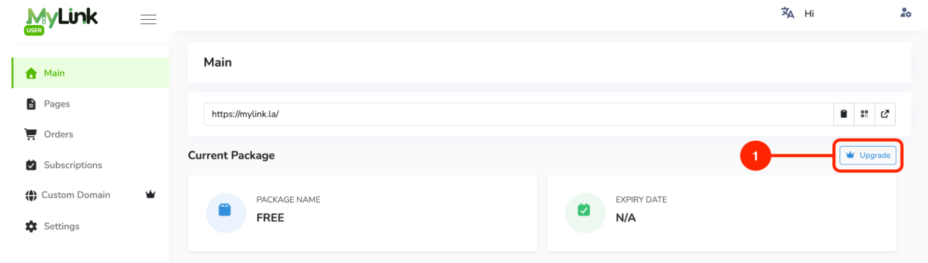 Upgrade button on Main page