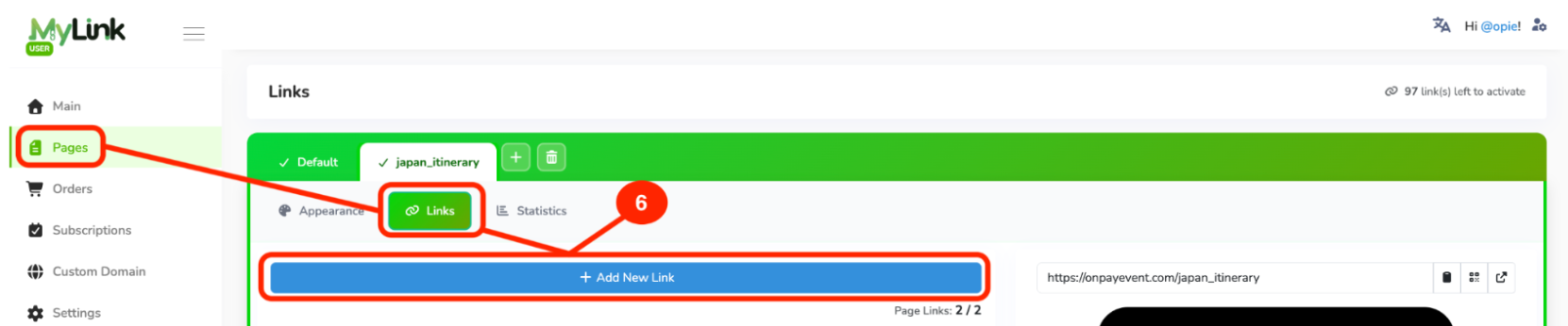 Pages Links tab