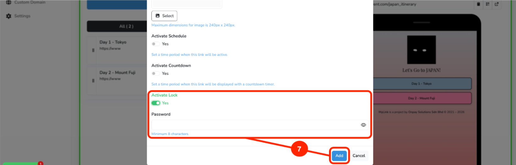 Activate Lock toggle with password field