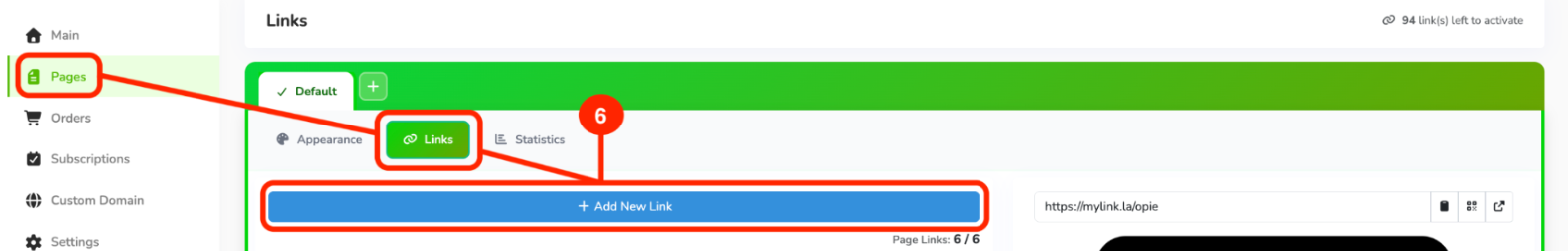 Pages Links tab