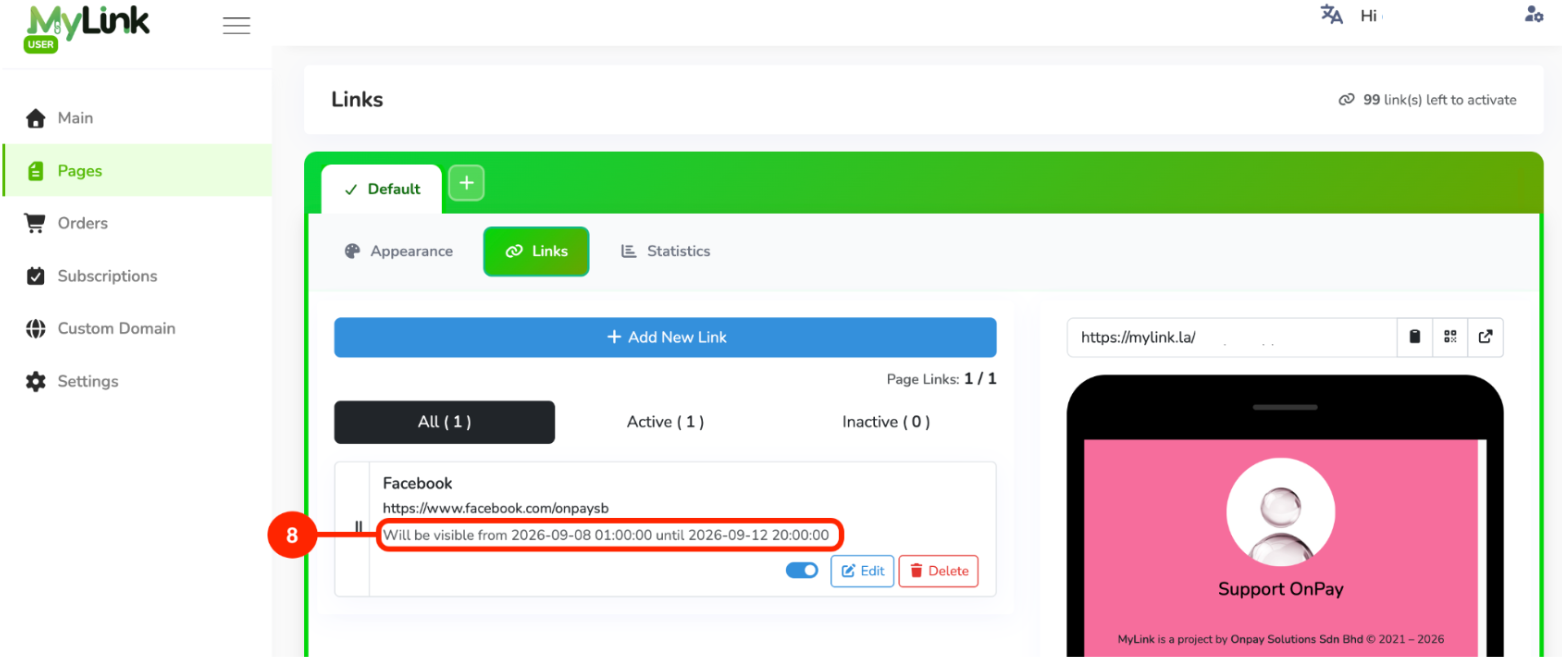 Example of an activated scheduled link