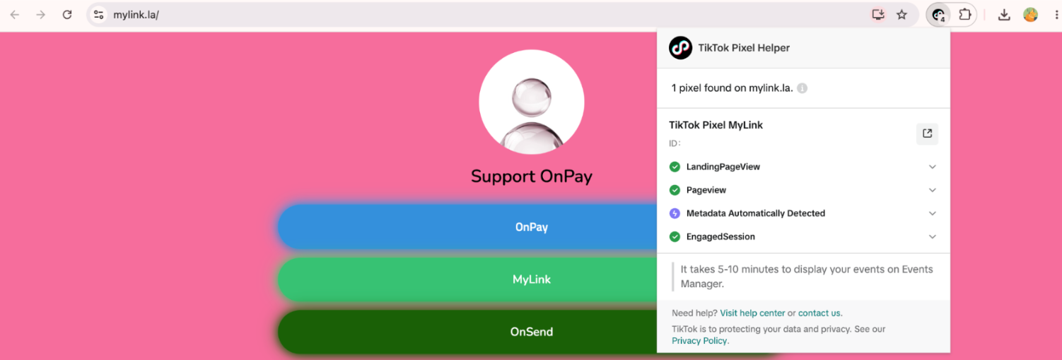 TikTok Pixel Helper extension verifying pixel installation