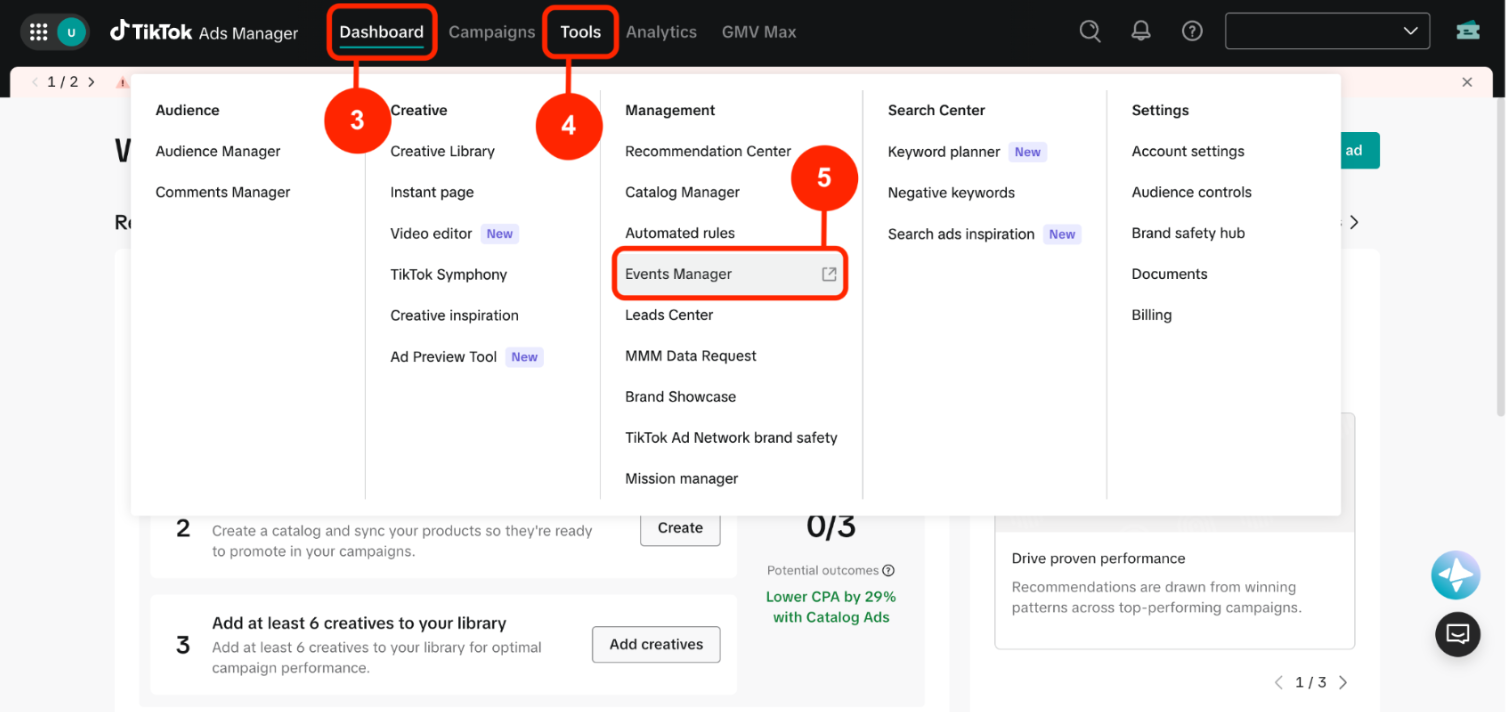 Tools menu with Events Manager